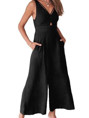ANRABESS Womens Jumpsuits black  Linen Wide Leg Sleeveless V Neck size xl